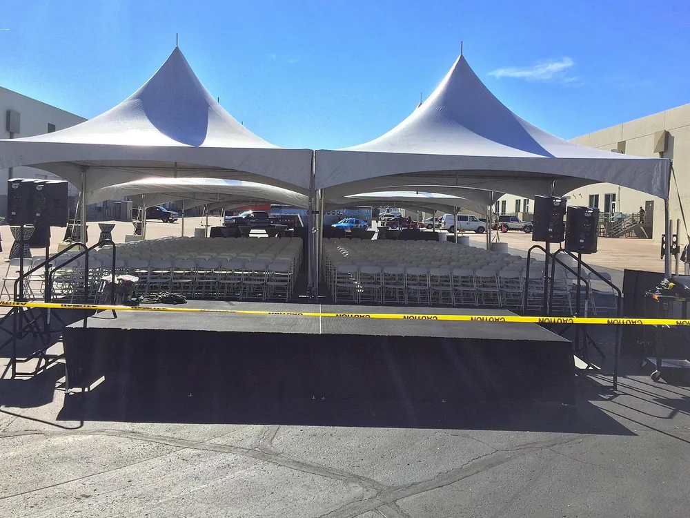 Our stage under two 20 by 20 High Peak tents.