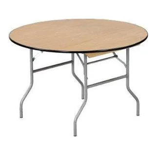 Round wood-top banquet table with folding legs