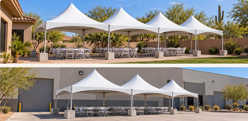 Four joined white 20 by 20 High Peak tents over tables and white chairs in an Arizona backyard, and the same tents on water barrels on pavement