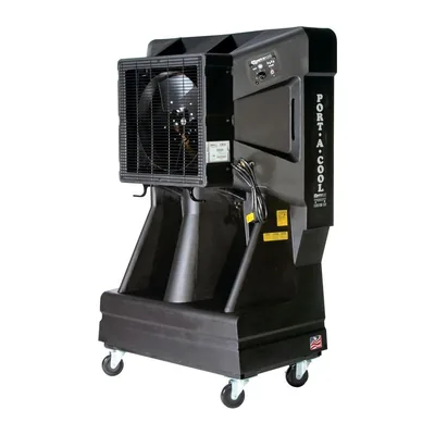 Black portable evaporative cooler on wheels