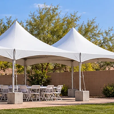 20 by 20 High Peak tent on a backyard patio with a saguaro behind it