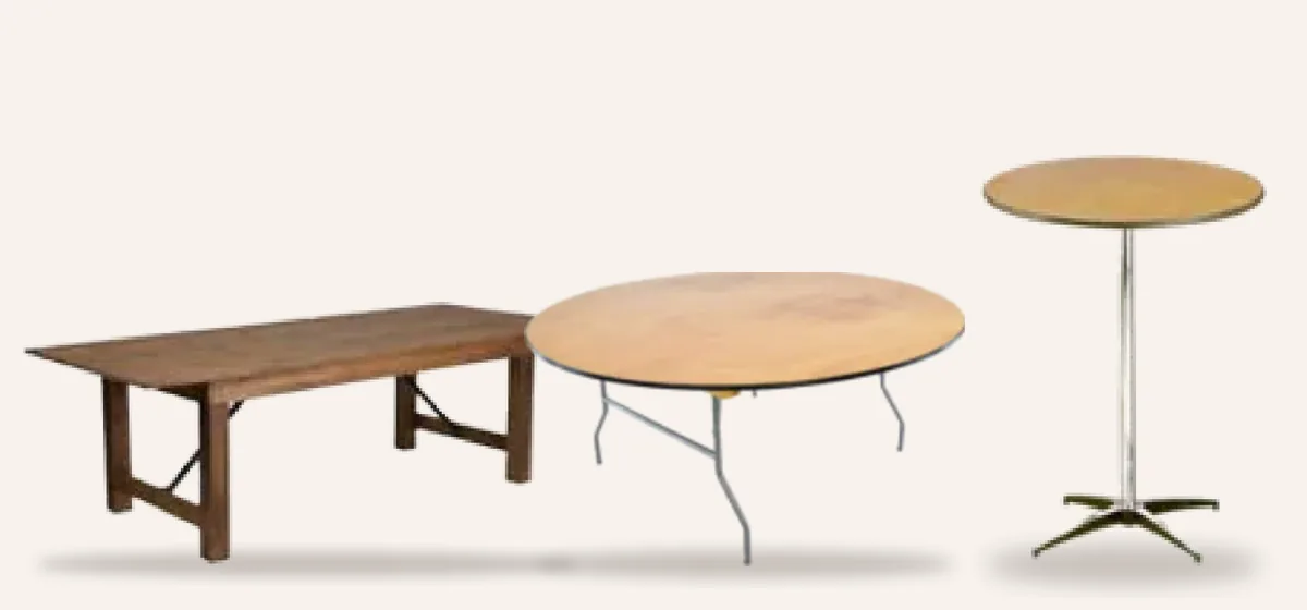 Taylor rental wood farm table, 60-inch round folding table and 30-inch round high-top table